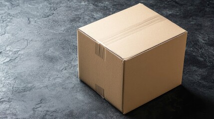 Cardboard Moving Box on Dark Stone Background with Textured Surface Ideal for Shipping or Storage Concepts