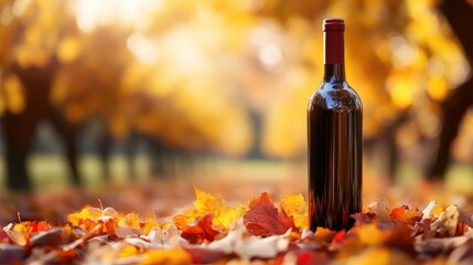 Bottle of red wine on vibrant autumn leaves in a vineyard setting with blurred background of additional wine bottles and sunlight filtering through trees