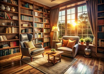 Serene Home Library Reading Nook with Natural Light, Cozy Atmosphere & Ample Copy Space