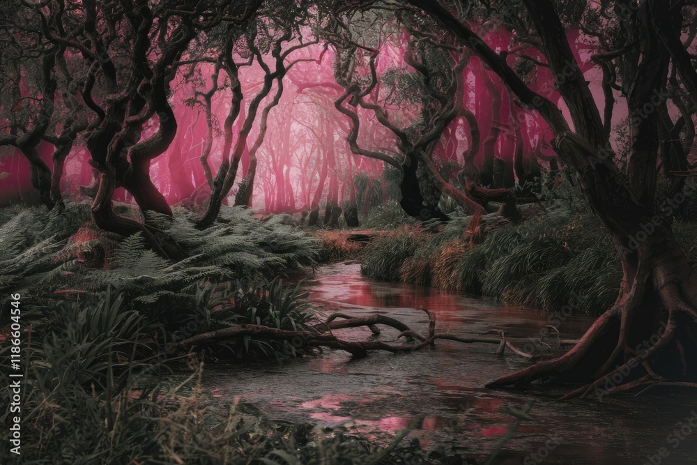 Poster pink-hued mystical forest stream flows through ancient, gnarled trees.
