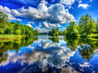 Obraz premium Serene Lakeside Vista: Crystal Clear Water, Lush Green Trees, Blue Sky with Clouds