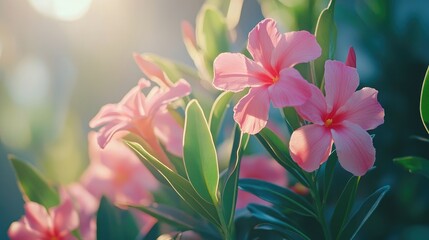 Vibrant Pink Oleander Blossoms Illuminated by Sunlight Showcasing Nature's Beauty and Freshness in a Close-Up Perspective
