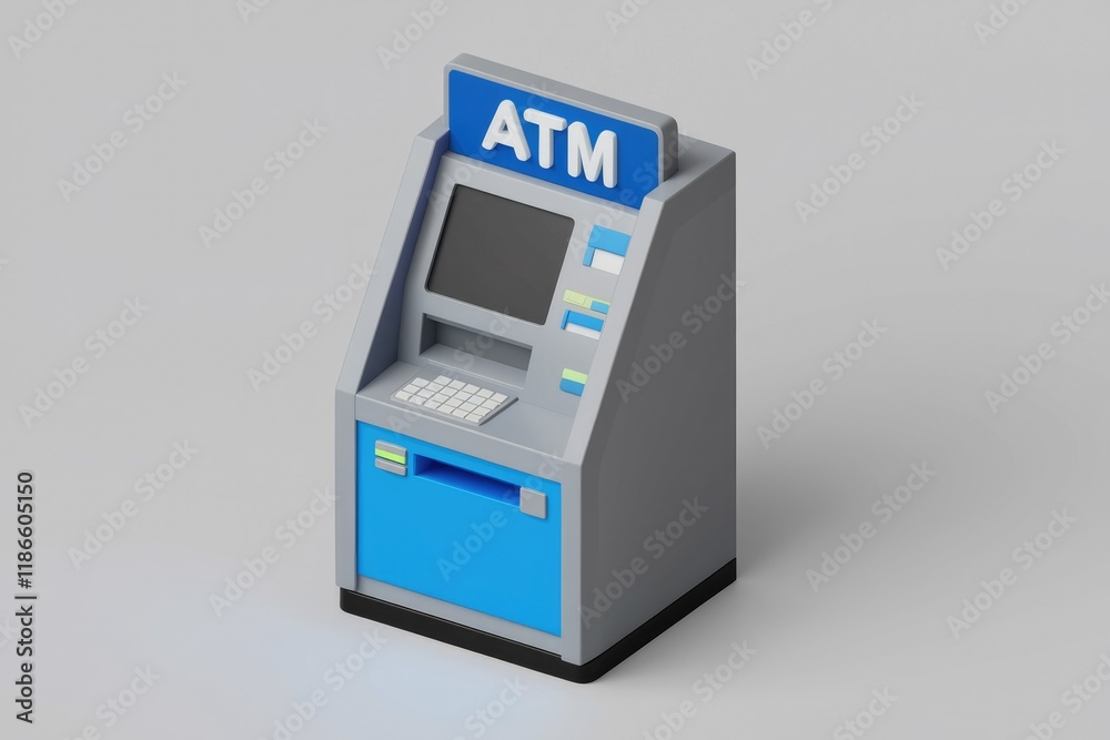 Poster a simple, stylized 3d model of an atm machine, showcasing its typical design elements.