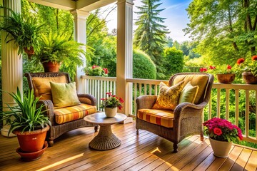 Serene Porch: Two Armchairs, Lush View, Inviting Atmosphere - Stock Photo