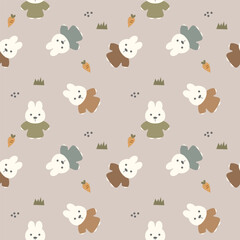 Rabbit wear t-shirt cartoon so cute. On grass carrot background. Pattern seamless vector illustration. 