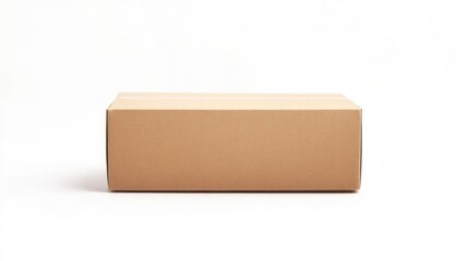 Empty cardboard box with blank label isolated on white background for packaging shipping and branding concepts.