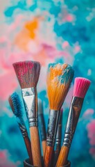 Fototapeta premium Colorful Chaos Close-up of Well-Used Paint Brushes with Abstract Background, Room for Text
