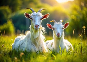 Obraz premium Serene Twin White Goats Resting in Vibrant Green Pasture - Long Exposure Photography