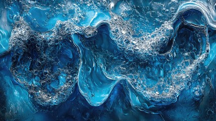 Dynamic abstract water splash in shades of sapphire deep blue and teal highlighting wave shapes and droplets in captivating organic forms