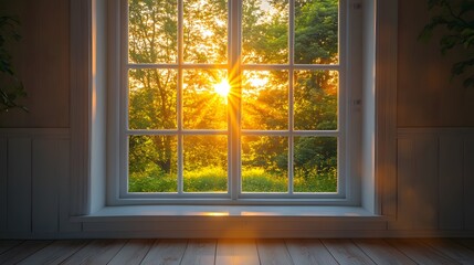 Modern white window frame bathes in golden sunlight, featuring transparent glass panes with green trees visible outside. Dramatic sun rays create lens flare and soft shadows peaceful morning