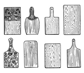 Set of hand drawn vintage wooden kitchen cutting boards. Engraved style black and white vector illustration.