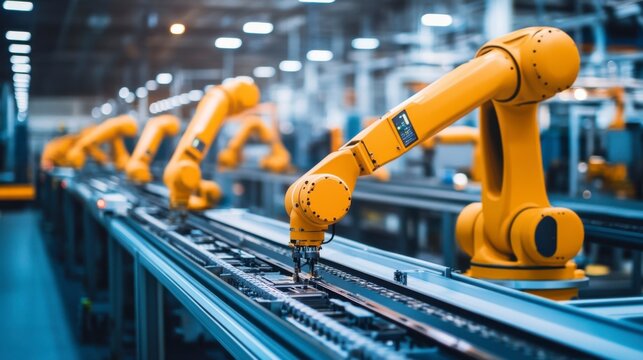 Automated Assembly Line: Yellow robotic arms operate in a futuristic factory setting, showcasing the efficiency and precision of industrial automation.