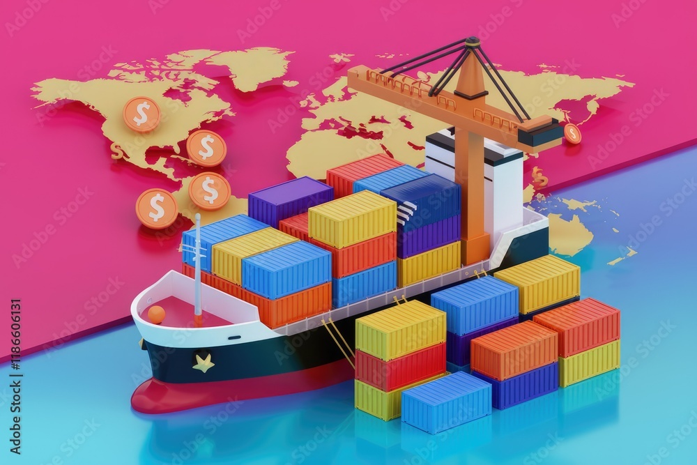 Poster global trade visualized: cargo ship loaded with colorful containers against a world map, illustratin