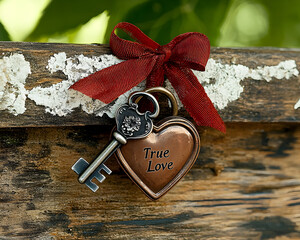 Antique key and heart shaped locket with True Love inscription, tied with red ribbon