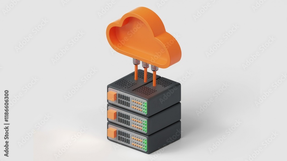 Poster Cloud computing infrastructure: An orange cloud icon connects to three stacked servers, symbolizing data storage and processing.