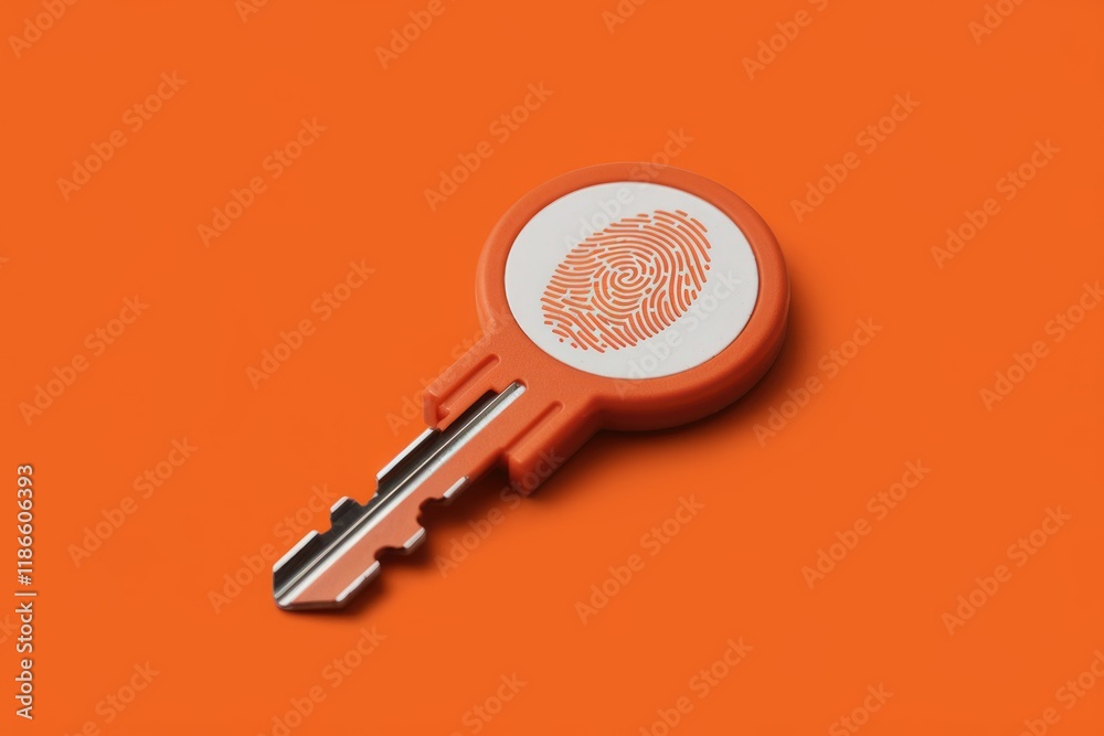 Poster Orange key with fingerprint design, symbolizing biometric security and access control.