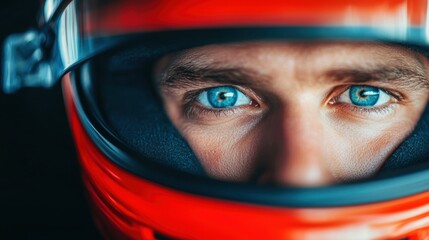 Focused Race Car Driver in Red Helmet with Intense Blue Eyes