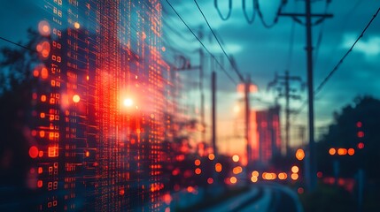 Obraz premium Illuminated train tracks at sunset urban environment photographic view