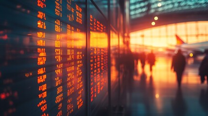 Airport departure scene with flight information terminal digital display sunset