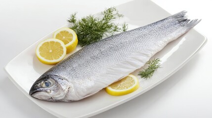 Fresh whole sea bass displayed elegantly with lemon slices and aromatic herbs on a white serving platter for culinary presentation ideas.