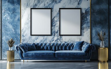Luxurious blue velvet sofa in marble room. Mockup posters. Interior design