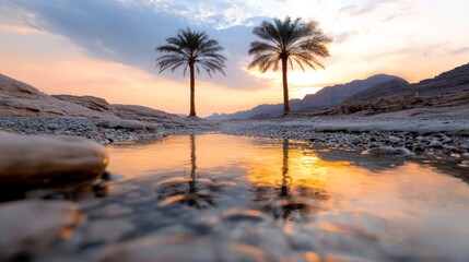 Tranquil Sunset Over Silhouetted Palm Trees by Peaceful Reflective Water