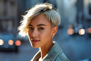 Stylish Blonde Haircut in Urban Setting