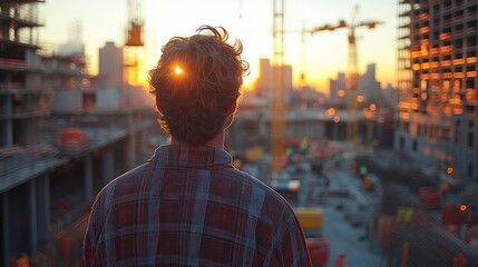 Obraz premium Man watching sunset over city construction site.