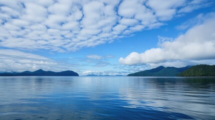Naklejka premium Tranquil Pacific Ocean View with Calm Water Reflecting Blue Sky and Clouds in a Nature Reserve Landscape