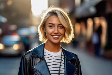 Urban Fashion: Striped Shirt and Leather Jacket in City