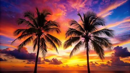 Fototapeta premium Silhouette of Two Palm Trees at Sunset, Vibrant Tropical Sky