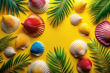 Fototapeta premium Silhouette Palm Shells Summer Vacation Travel Flat Lay Top View Copy Space