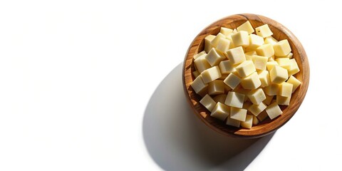 Silhouette of Wooden Bowl with Diced Mozzarella Cheese, Top View