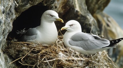 Seagulls Nesting in Rock Crevice Providing Natural Habitat for Bird Conservation and Wildlife Protection