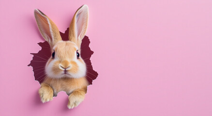 Obraz premium Cute Easter bunny peeking through a hole in paper against a pink background with copy space