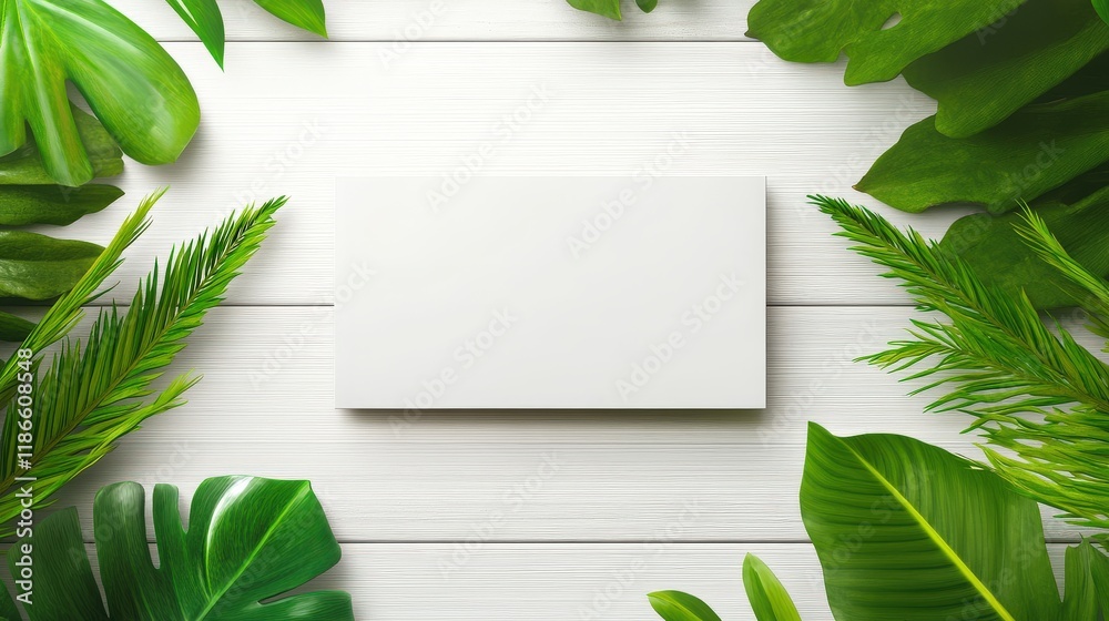 Wall mural A business card mockup placed on a rustic wooden surface surrounded by lush green plants and nature-inspired elements, ideal for displaying a clean, eco-conscious design.