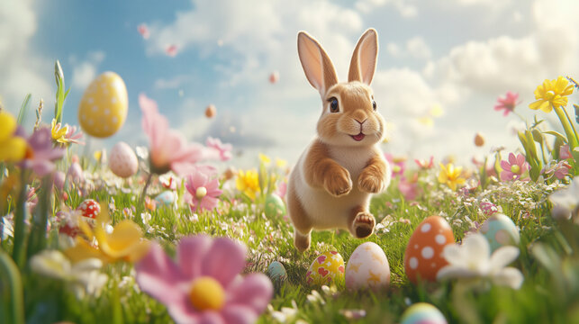 Easter bunny hopping through a field of flowers and easter eggs on a bright sunny day, Easter card