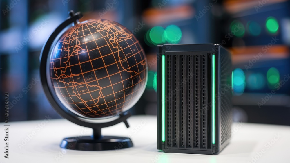 Aufkleber A small server next to a globe symbolizes global connectivity and data accessibility.