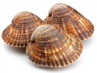 Three Brown Clams Close-Up on White Background
