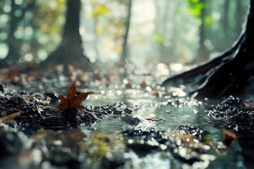 Fototapeta premium A lone leaf sits on the ground near a quiet stream of water