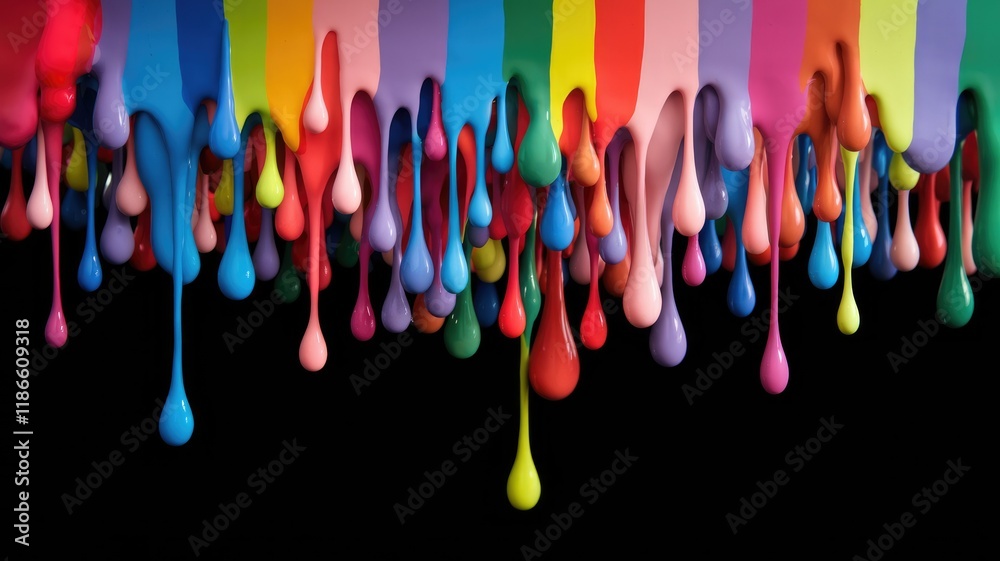 Poster vibrant rainbow paint drips against a transparent background, creating a visually stunning and color