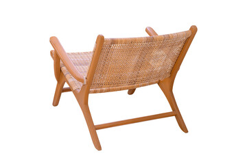 Wooden chair covered with rattan. View from the side offset to the back