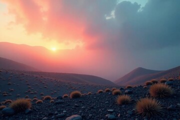 Softly glowing mist rises over a barren landscape at dawn, pastel colors, nature