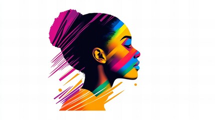 Fototapeta premium Vibrant portrait of a young Black woman, her face adorned with colorful, dynamic brushstrokes.