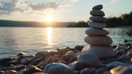 Serene Sunset Stones: A carefully balanced stack of smooth stones stands on a rocky lakeshore as the sun sets, creating a tranquil and meditative scene. 