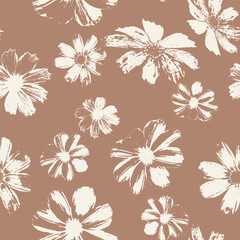 Seamless pattern with daisy flower stamps on brown background. Loose blooms nature grunge wallpaper. Floral inky repeat design.