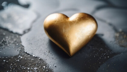 Fototapeta premium Golden herat-shaped stone on concrete surface.