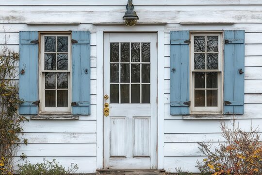 traditional saltbox architecture detail with classic louvered shutters and brass hardware - historic building photography