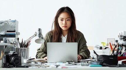 Young Woman Works On Laptop In Cluttered Workspace