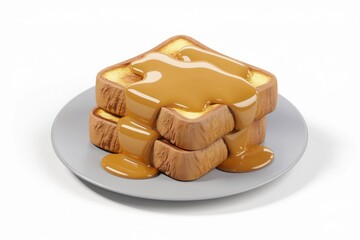 Two slices of golden brown french toast drizzled with rich caramel sauce on a plate.